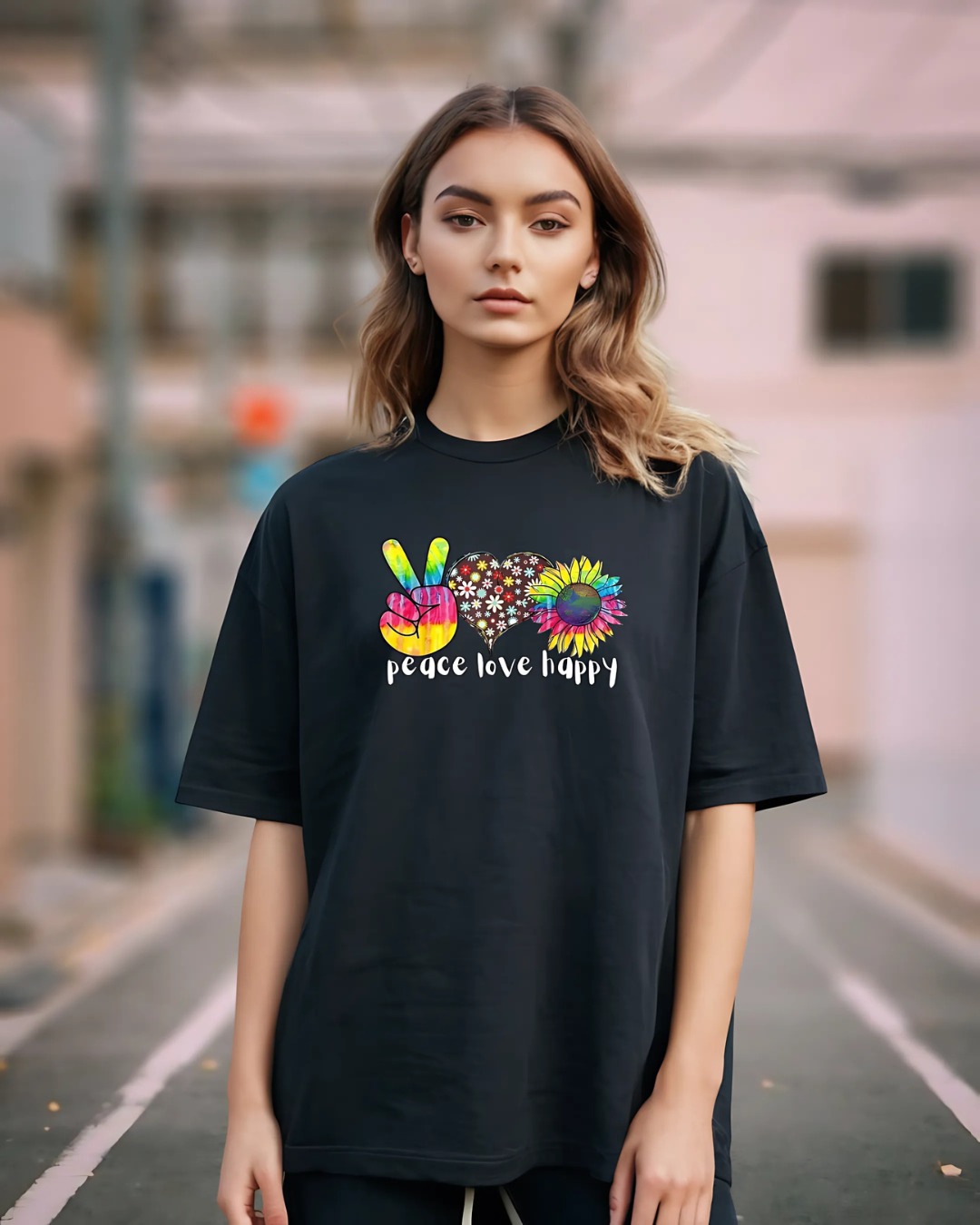 Peace Love Happy Graphic Printed Black Oversized T-shirt