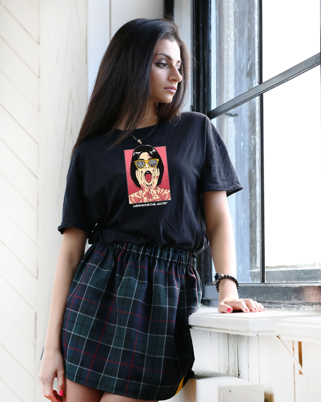 Overthinking Women Graphic Printed Black Oversized T-shirt