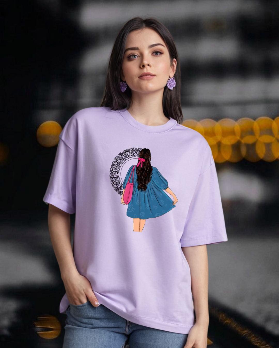 Mirror Graphic Printed Lavender Oversized T-shirt