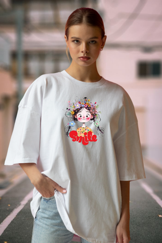 Smile Girl Graphic Printed White Oversized T-shirt