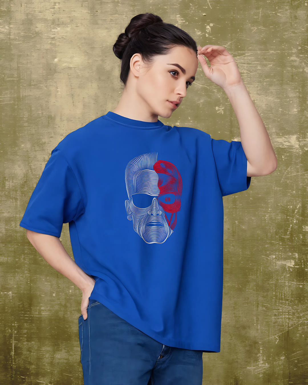 Human Face Graphic Printed Black Oversized T-shirt